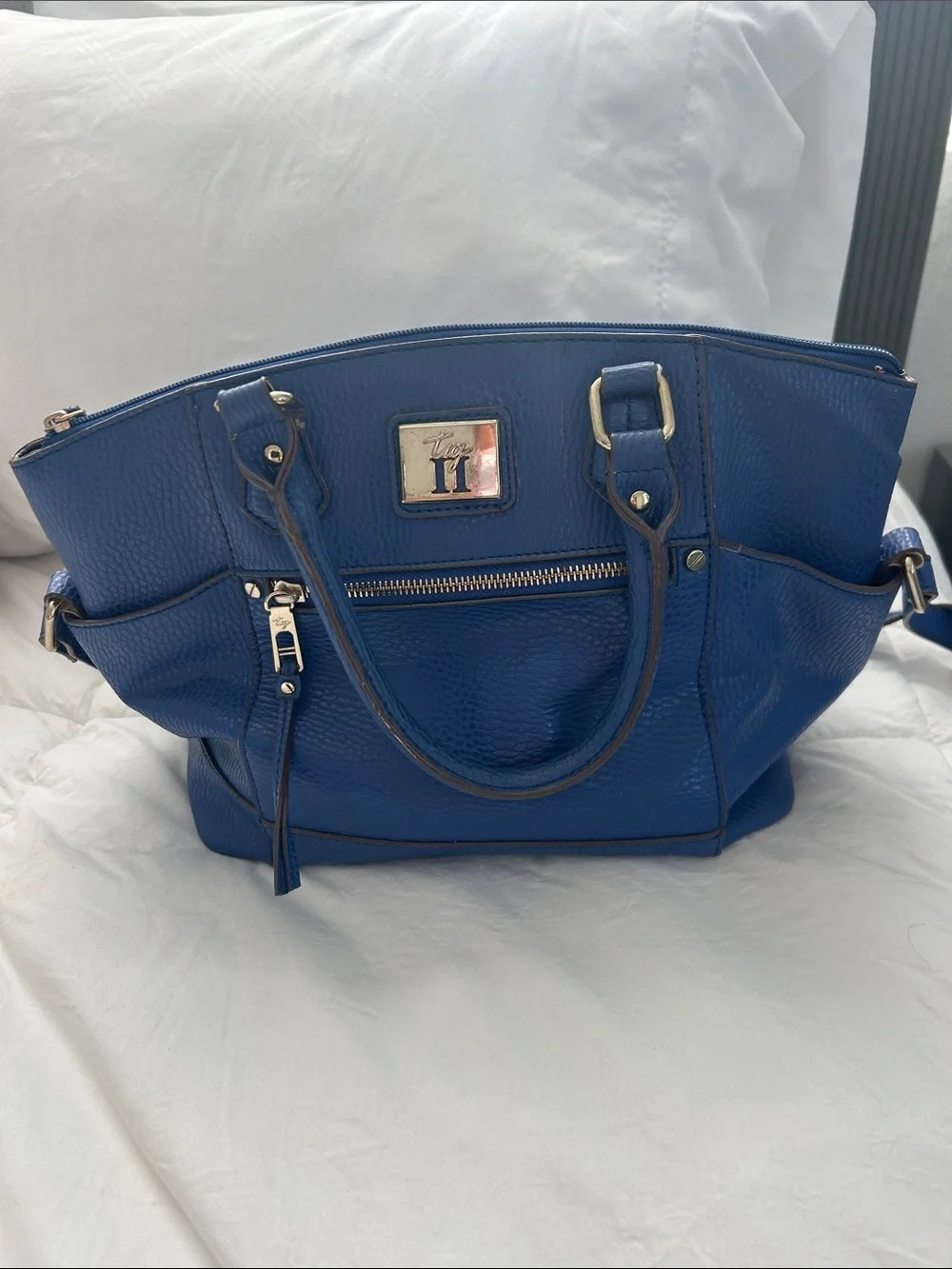 Blue Leather Tote with Front Zip and Top Handles